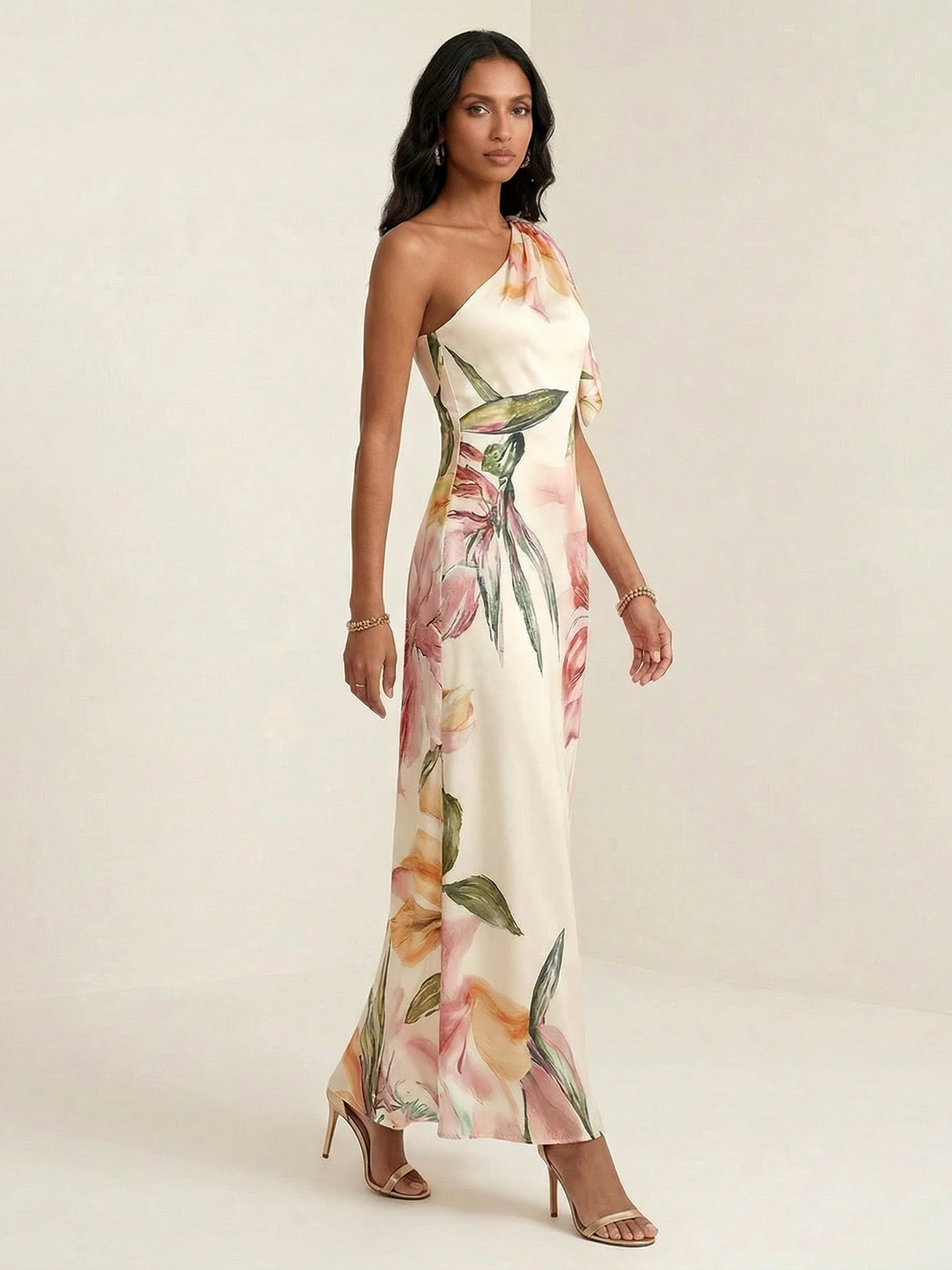 Cream Blush Floral One-Shoulder Satin Maxi Gown