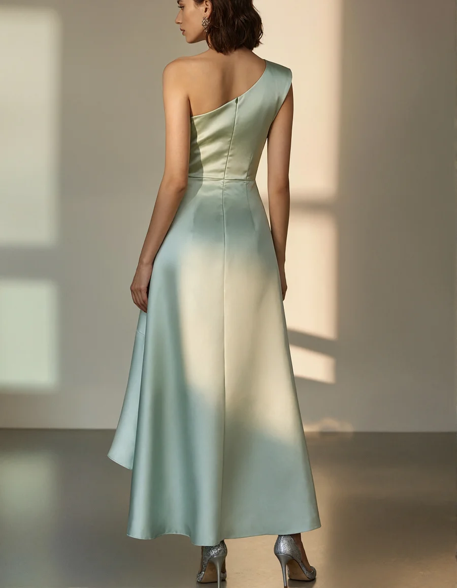 Elegant Mint Green Satin Gown with Asymmetric Ruffle and One-Shoulder Neckline