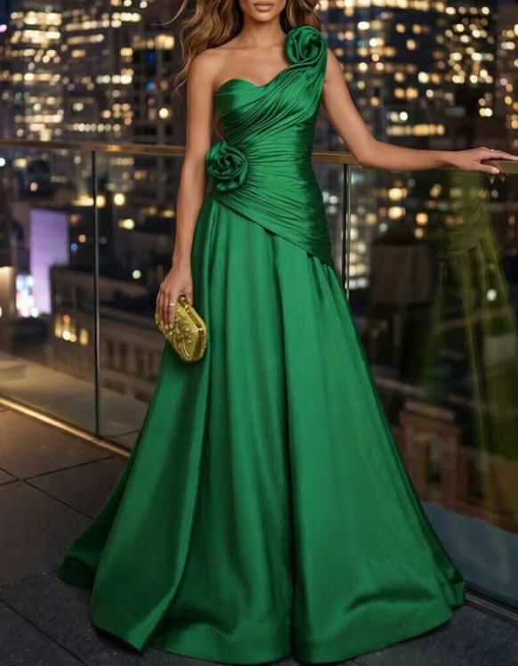 One‑Shoulder Satin 3D Floral Ruched A‑Line Maxi Dress