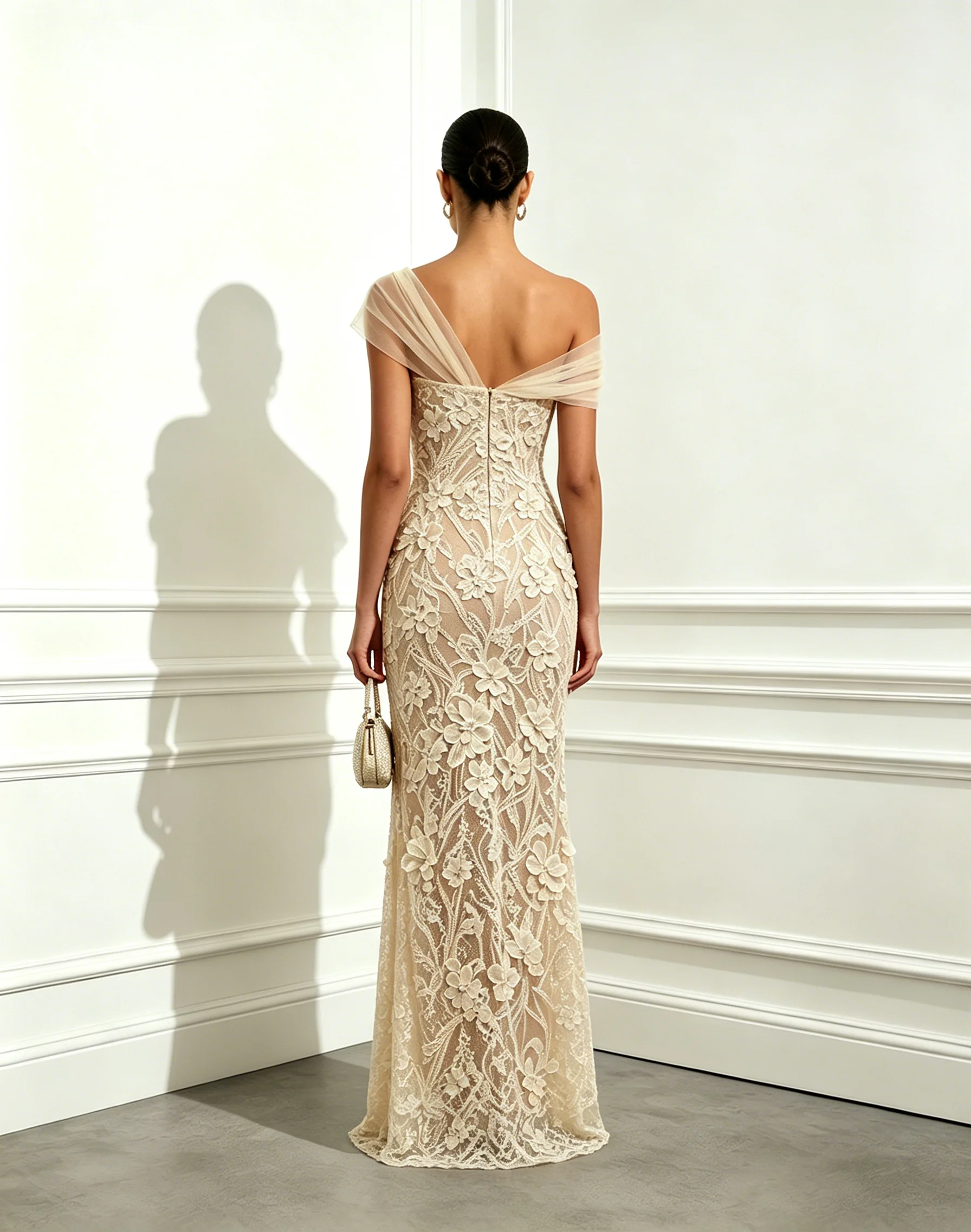 Beige 3D Floral Mesh Lace Asymmetrical Short Sleeve Mermaid Floor Length Dress
