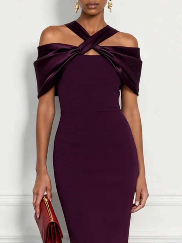 Burgundy Cross Split Joint Classic Off The Shoulder Sleeveless Sheath Maxi Dress