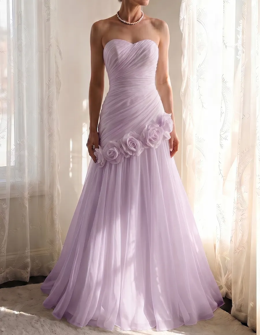 Chiffon Strapless Asymmetrical 3-Dimensional Rose Maxi Dress