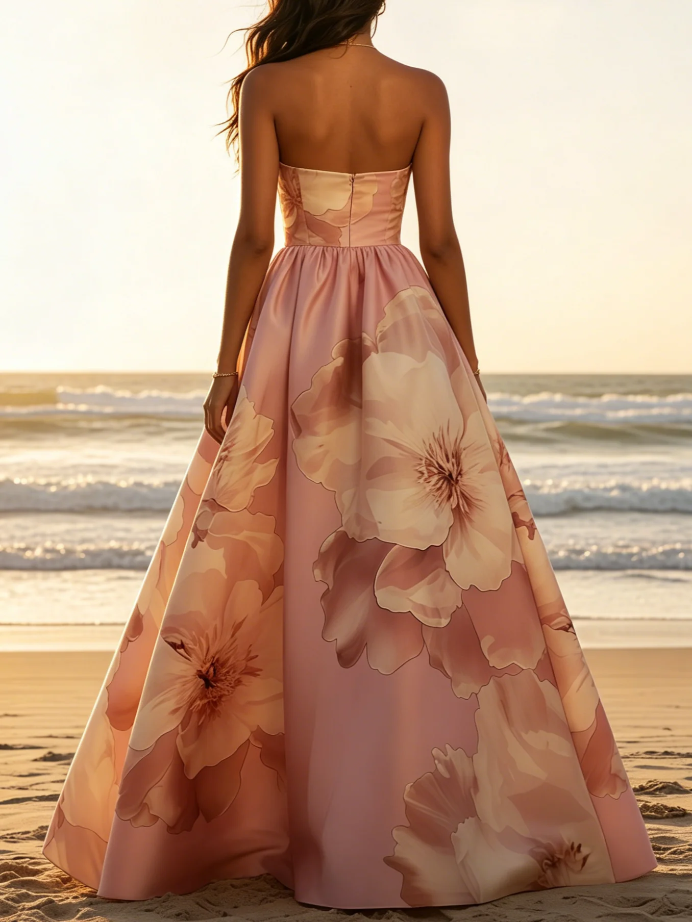Pink Floral Satin Strapless Sleeveless A-Line Floor-length Gown Dress
