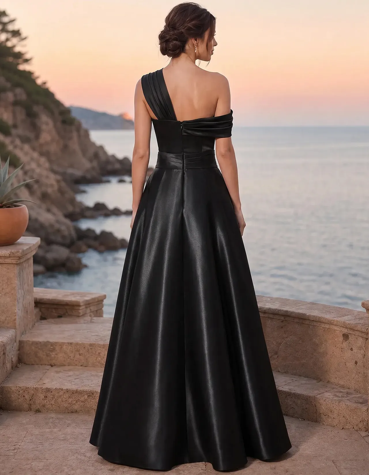 Satin Asymmetrical One Shoulder Twist Draped Maxi Dress
