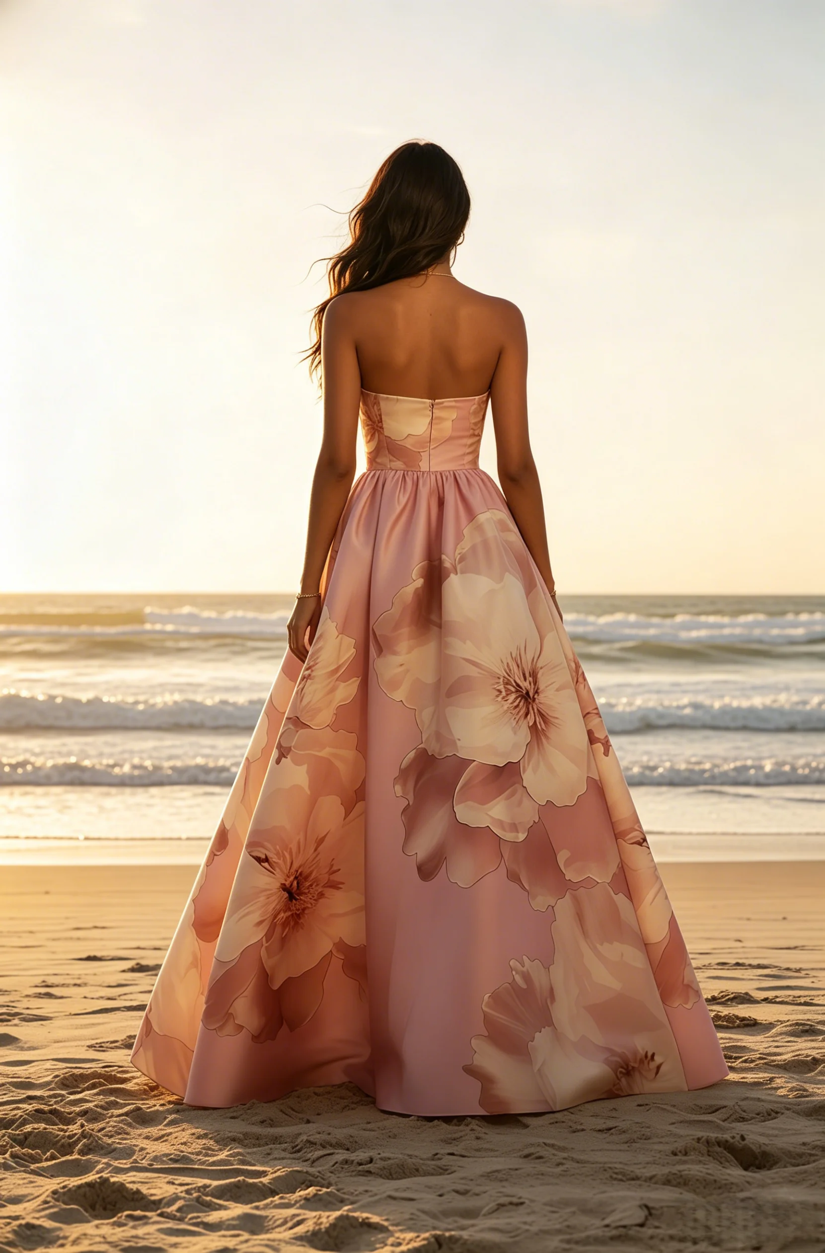 Pink Floral Satin Strapless Sleeveless A-Line Floor-length Gown Dress