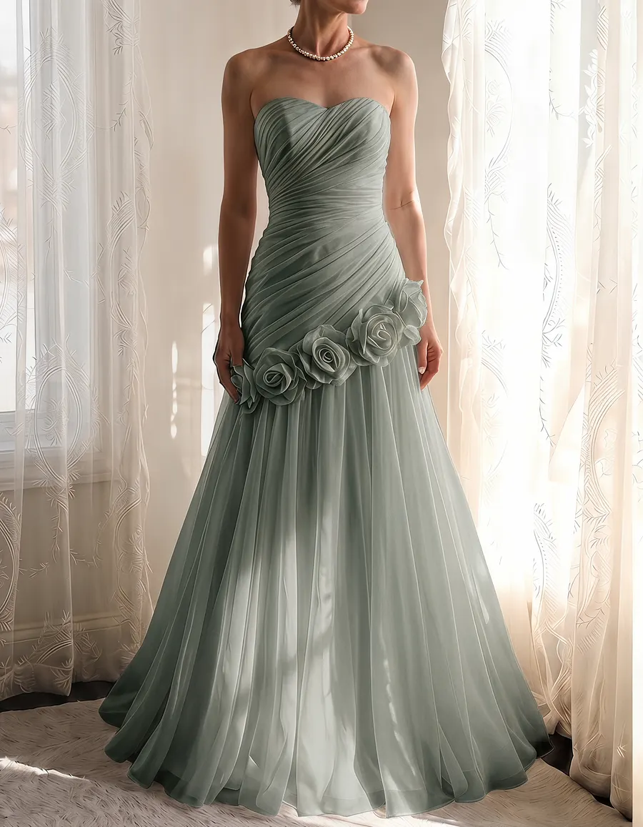 Chiffon Strapless Asymmetrical 3-Dimensional Rose Maxi Dress
