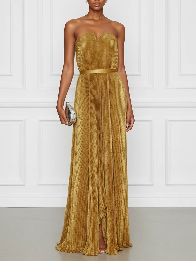 Golden Pleated Satin Strapless Sleeveless Shift Maxi Dress