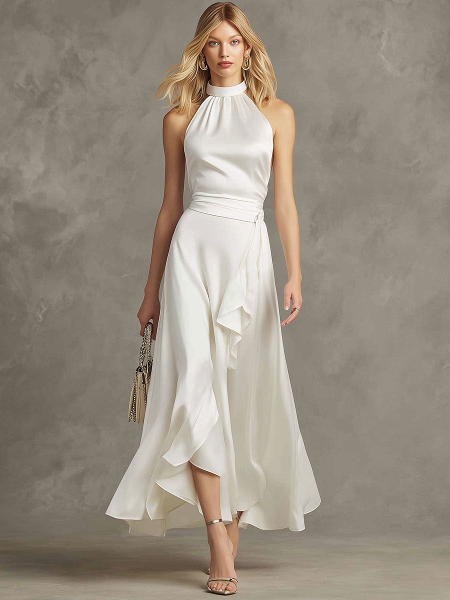 Stylish And Elegant White Satin Sleeveless Top And Skirt Set
