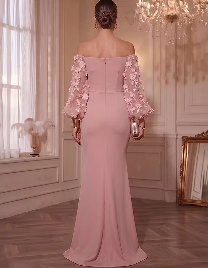 Mauve Pink Off Shoulder 3D Flower Sheer Puff Sleeve Maxi Dress