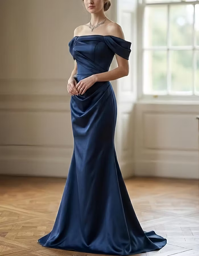 Navy Blue Off-the-Shoulder Ruched Satin Maxi Dress