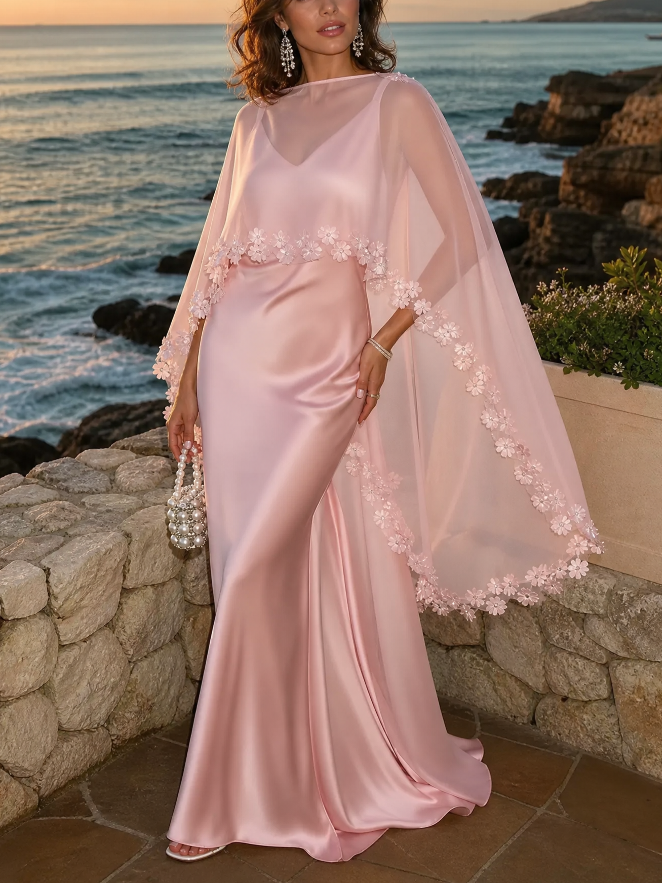 Pink Satin V Neck Slip Mermaid Gown with 3D Floral Trim Sheer Chiffon Cape Overlay Two Piece Evening Dress