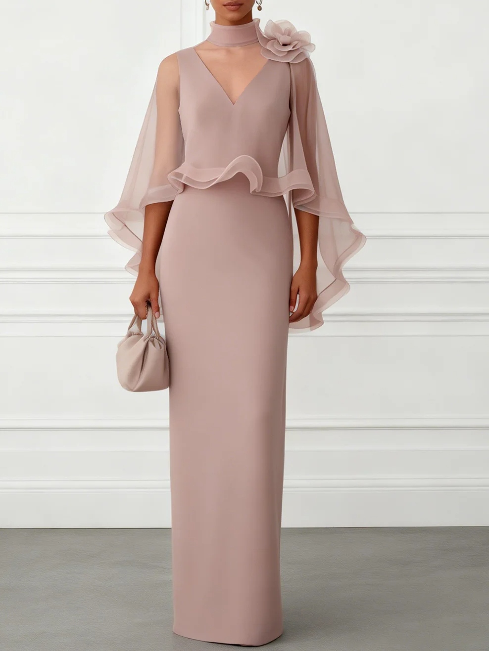 Nudepink 3D Floral Mesh Classic Mock Neck Half Sleeve Sheath Floor-length Gown Dress