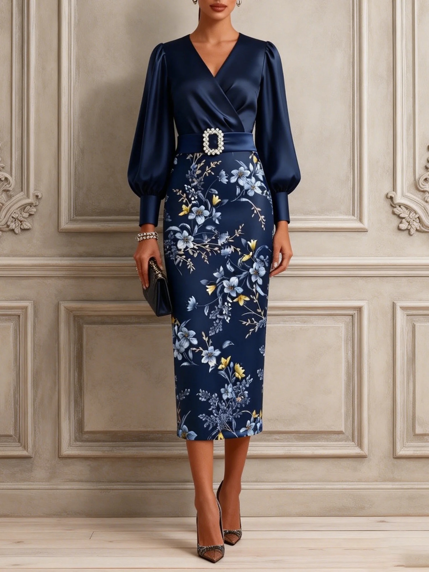 Purplish Blue Floral Satin Cross Neck Long Sleeve Balloon Sleeve Sheath Midi Dress
