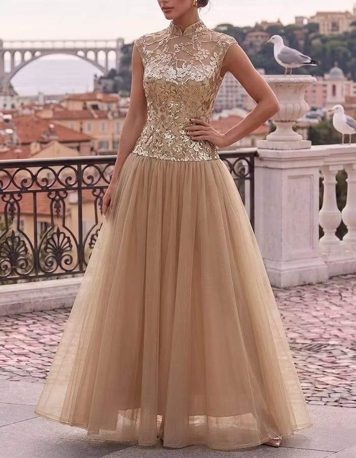 Champagne Mandarin Collar Gold Sequin Lace Tulle Maxi Dress