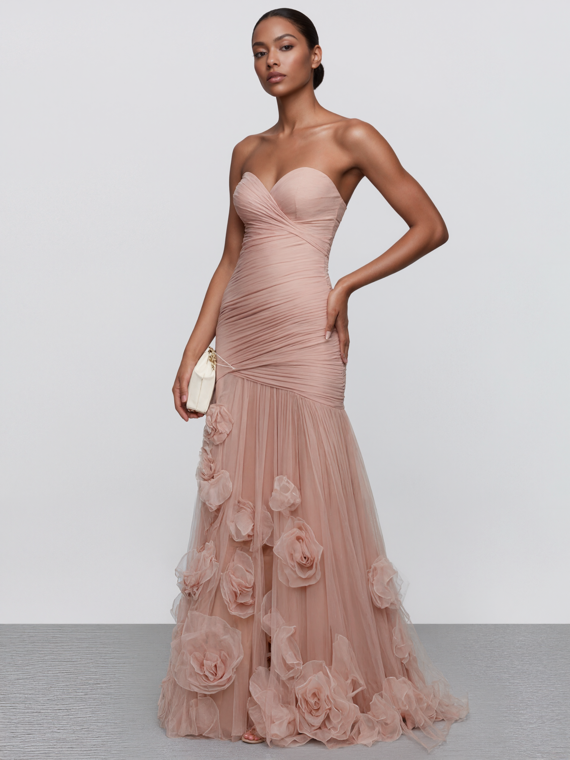 Pink 3D Floral Ruched Tulle Strapless Sleeveless Mermaid Maxi Dress