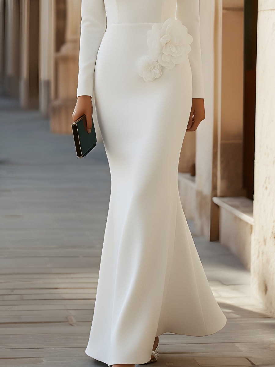 White 3D floral Long Sleeve Gown
