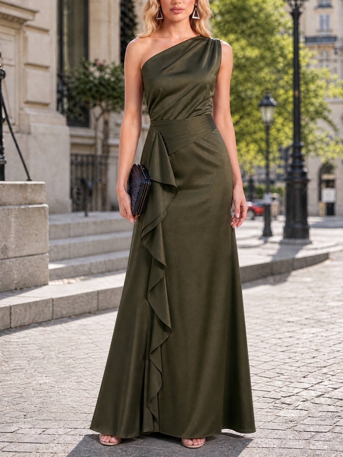 Olive Green Satin One Shoulder Pleated Waist Ruffle Flowy Maxi Evening Gown