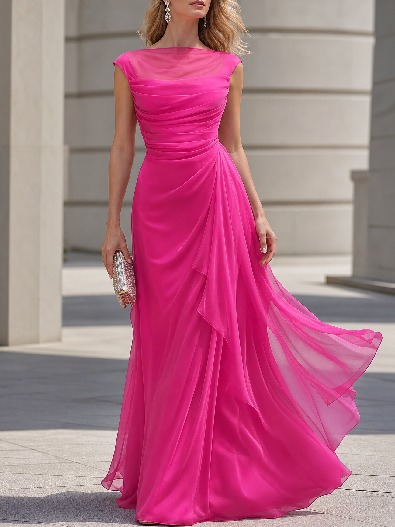 Hot Pink Chiffon Bateau Cap Sleeve Cross Ruched Ruffle Mermaid Evening Gown