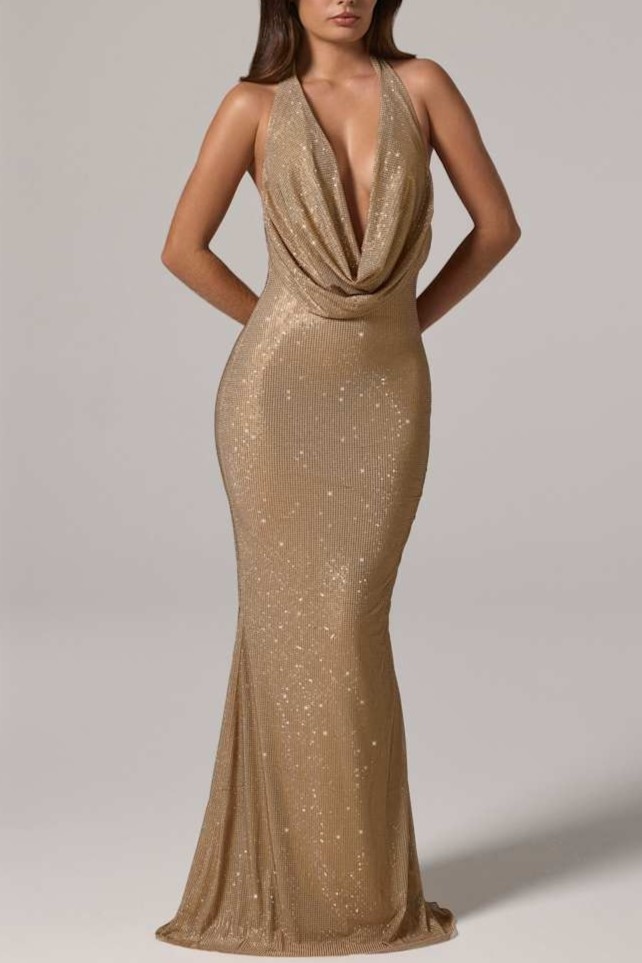 Embellished Cowl-Neck Backless Gown in Gold
