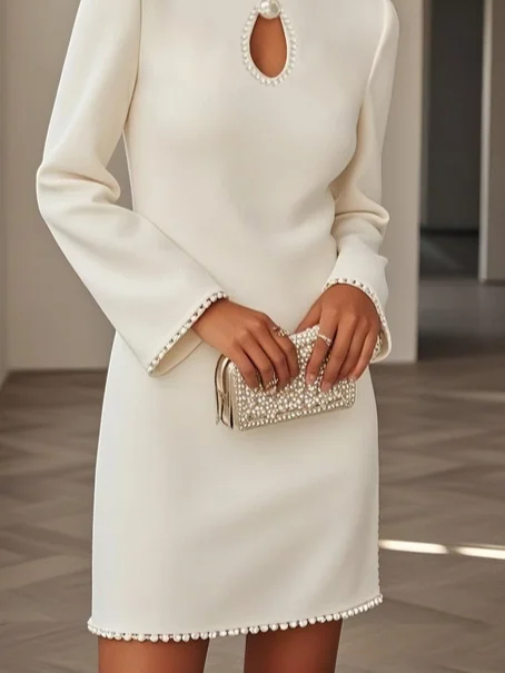 White Pearl Hollow Out Classic Crew Neck Long Sleeve Shift Mini Dress