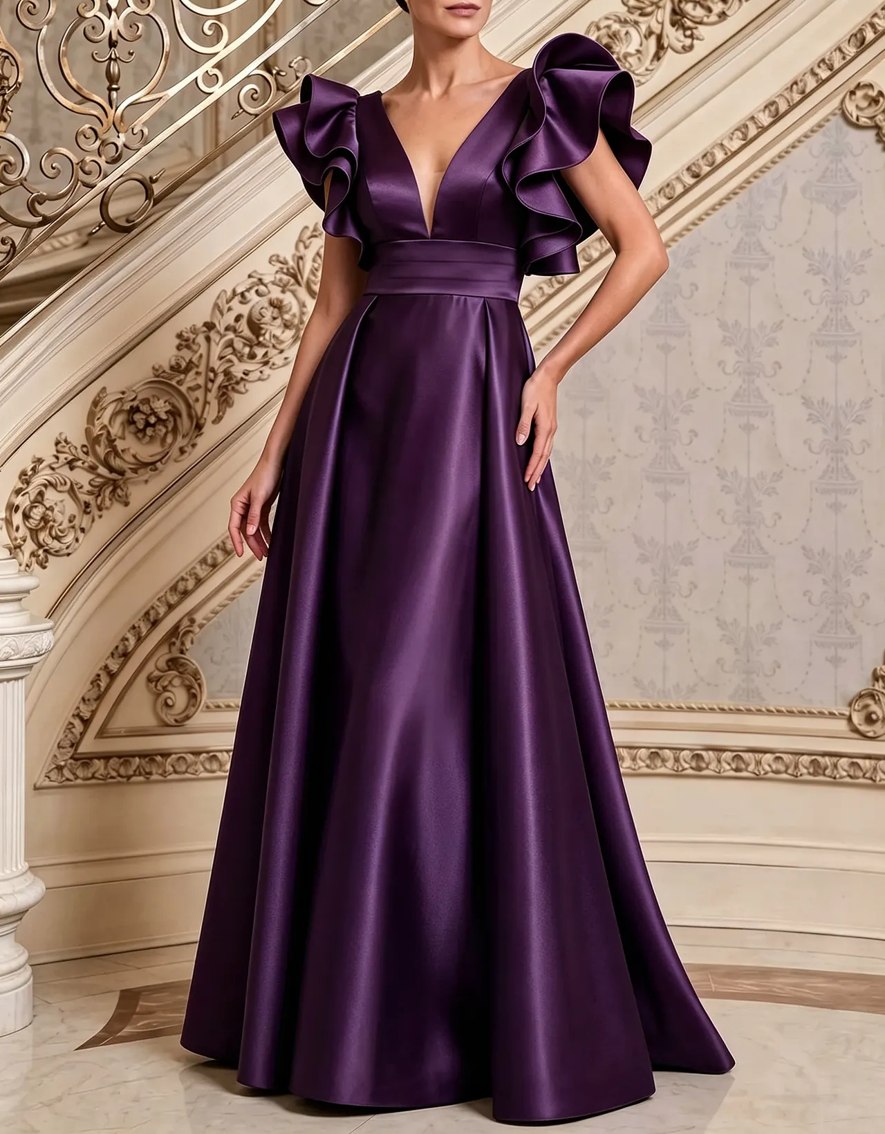 Deep V Neck Satin Ruffled Shoulder A Line Evening Maxi Dress
