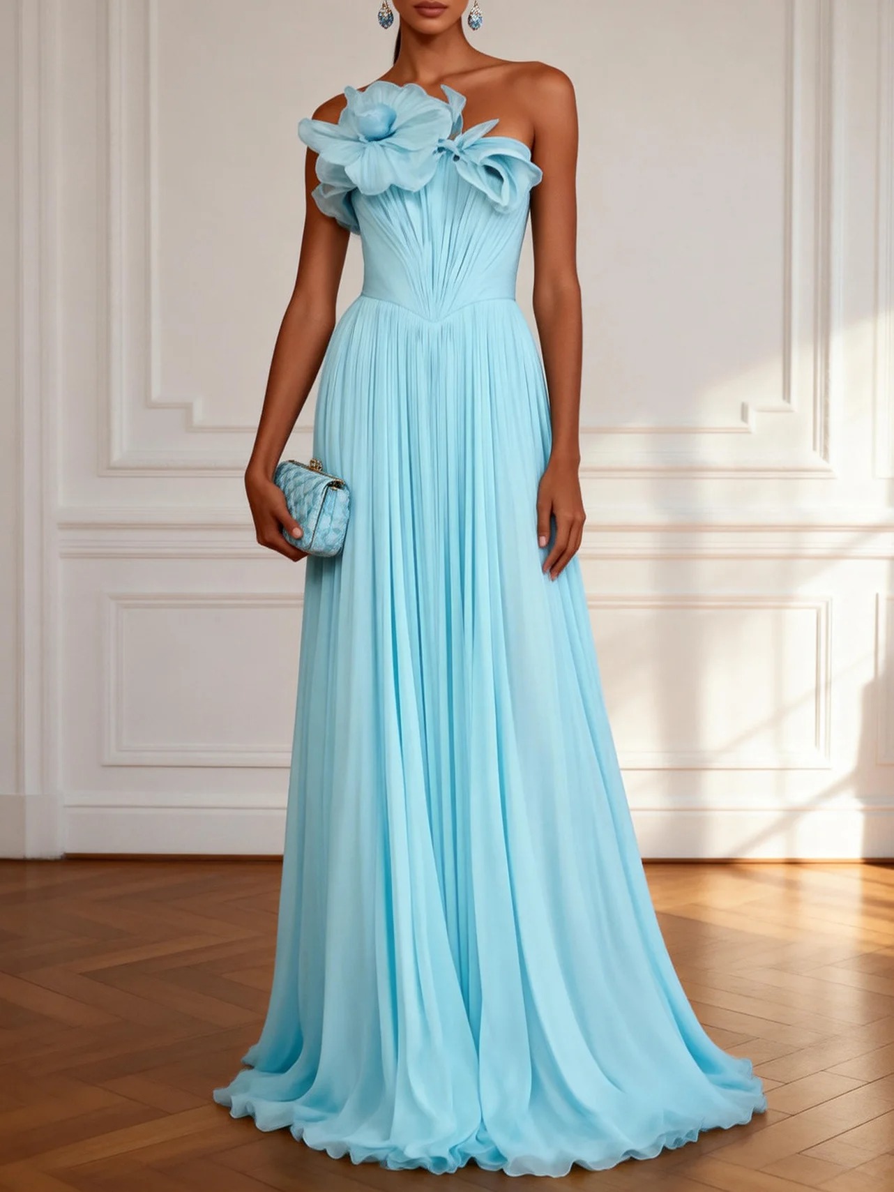 Light Blue 3D Floral Ruched Chiffon Strapless Sleeveless A-Line Floor Length Dress