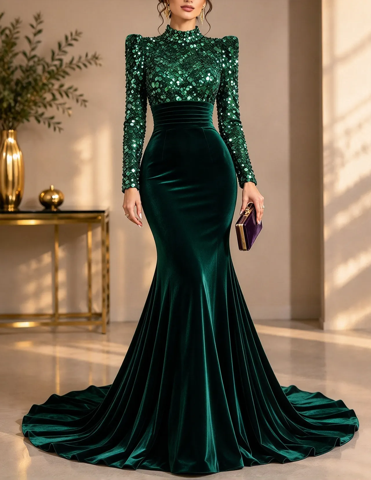 High Neck Heavy Sequin Velvet Mermaid Evening Maxi Dress