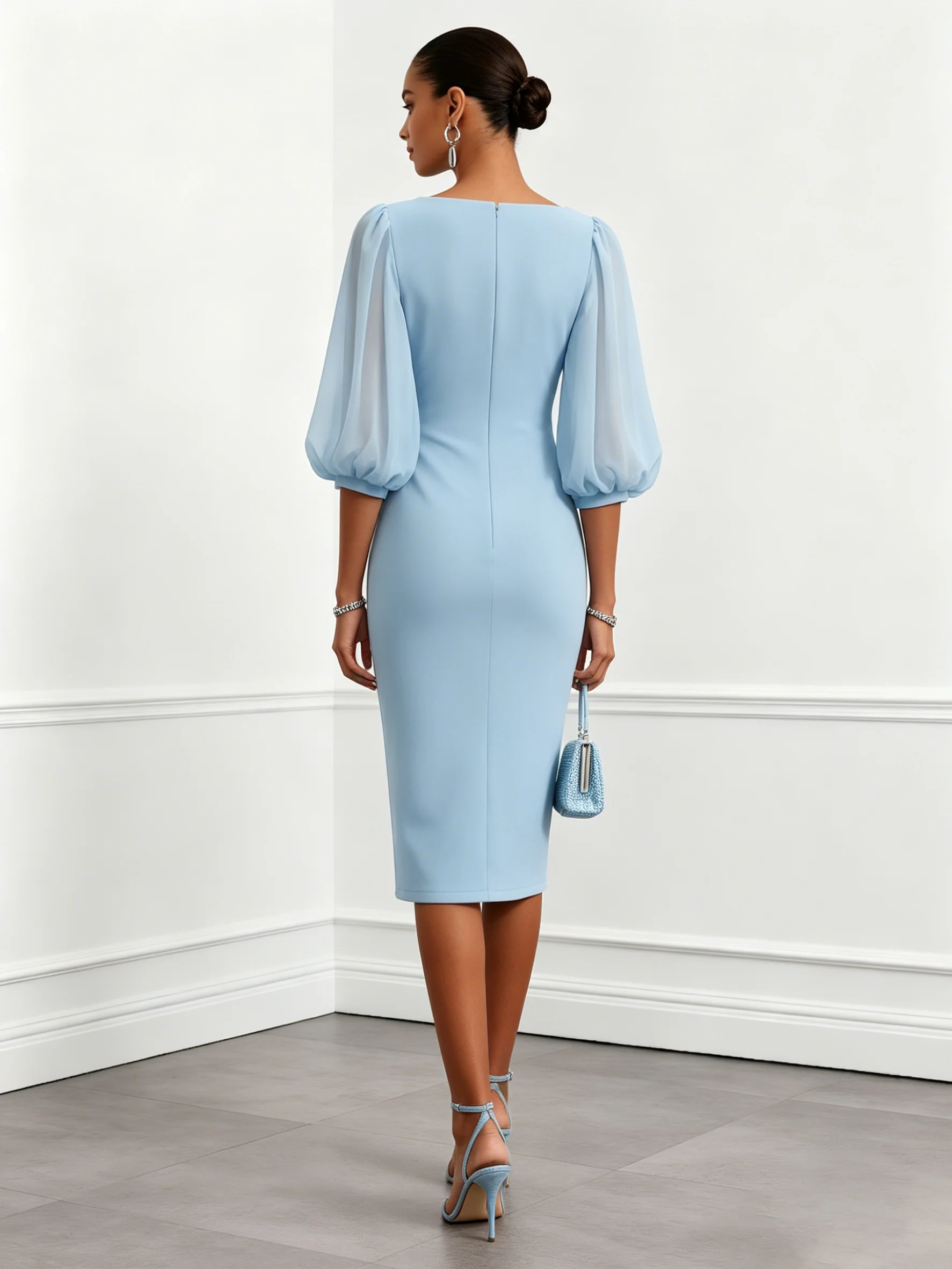 Light Blue Ruched Classic Boat Neck Half Sleeve Puff Sleeve H-Line Midi Dress