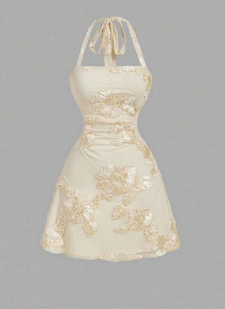Women Cream 3D Flower Halter Bodycon Mini Dress Square Neck Slip Dress