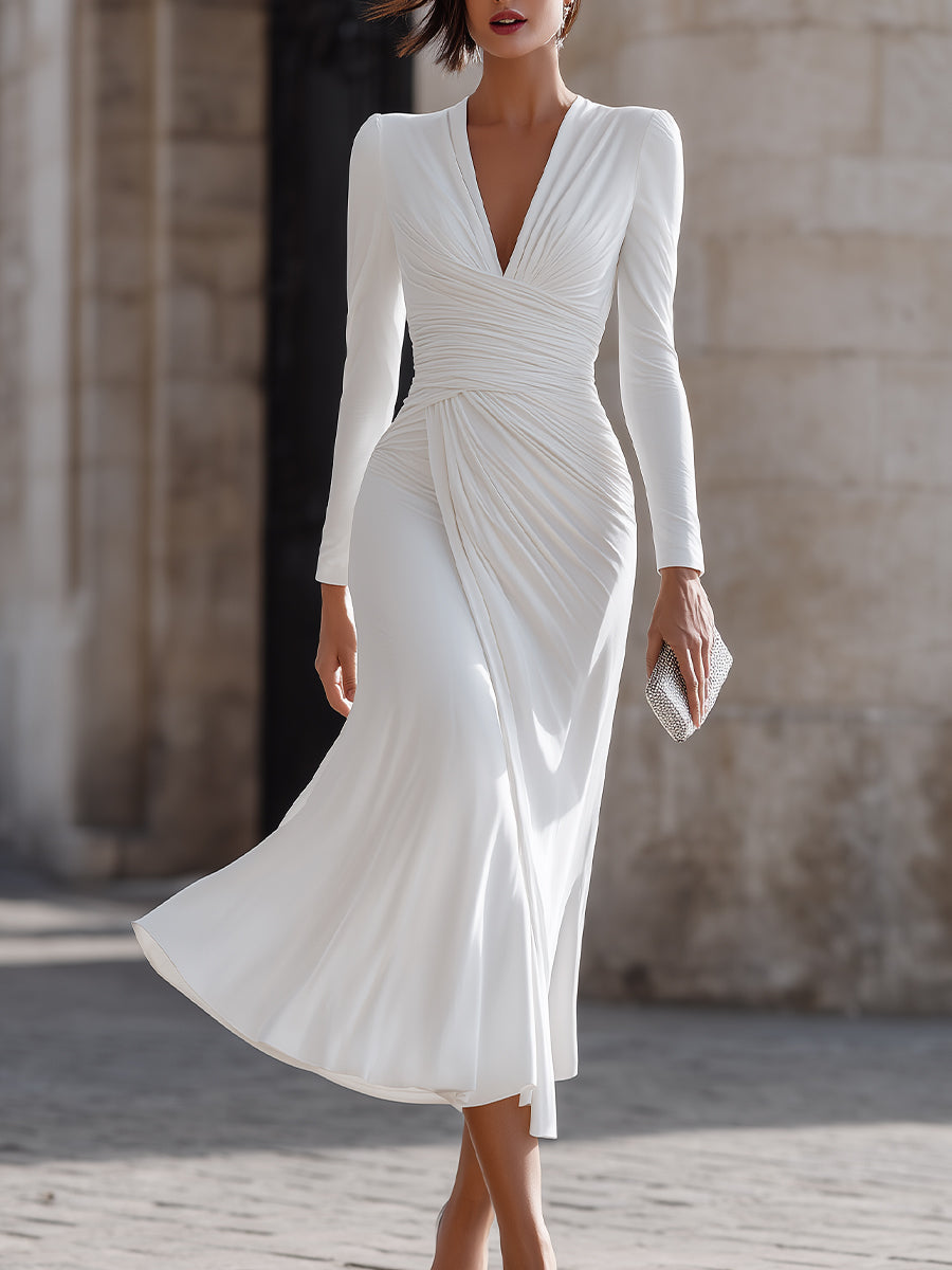 White Ruched V-Neck Long Sleeve Midi Dress