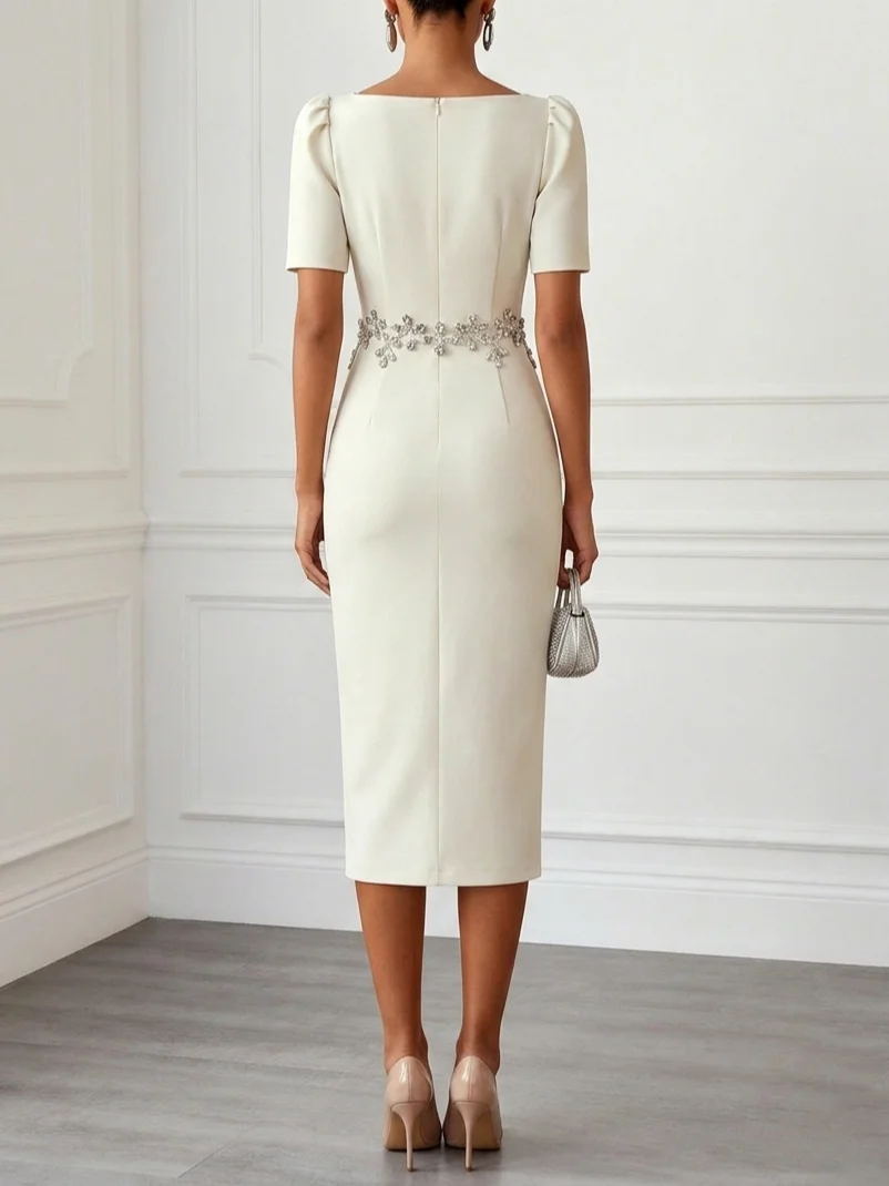 Off White Rhinestone Classic Square Neck Short Sleeve Sheath Midi Dress