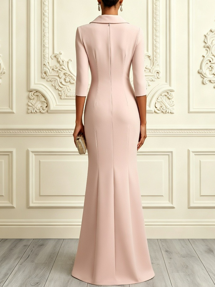 Pink 3D Floral Classic Shawl Collar Half Sleeve Mermaid Gown Dress