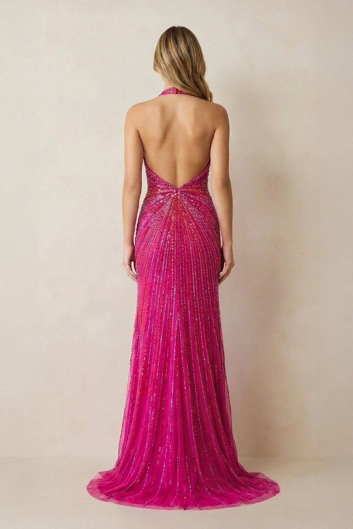 Fuchsia Halter Mermaid Beaded Maxi Dress With Slit