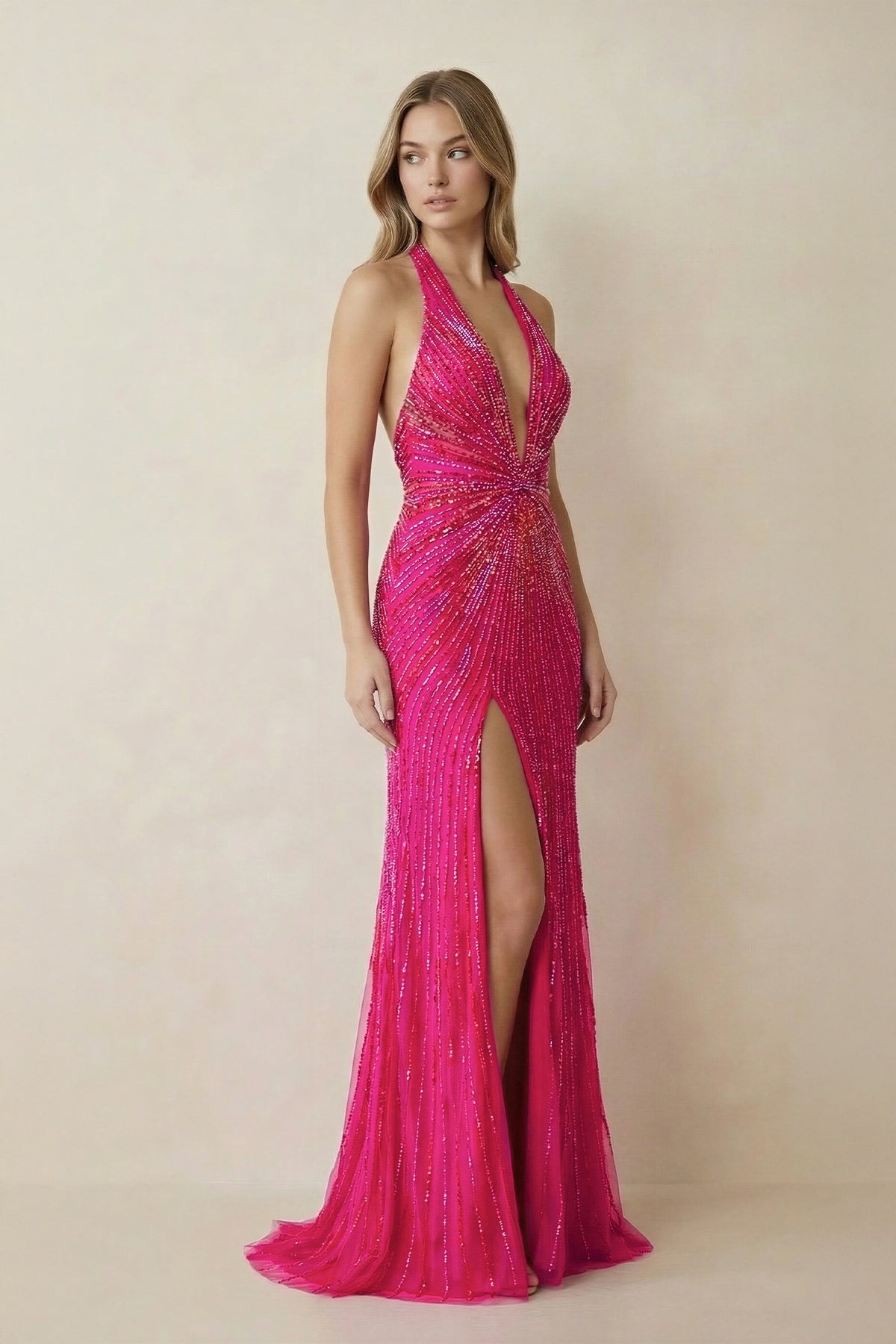 Fuchsia Halter Mermaid Beaded Maxi Dress With Slit