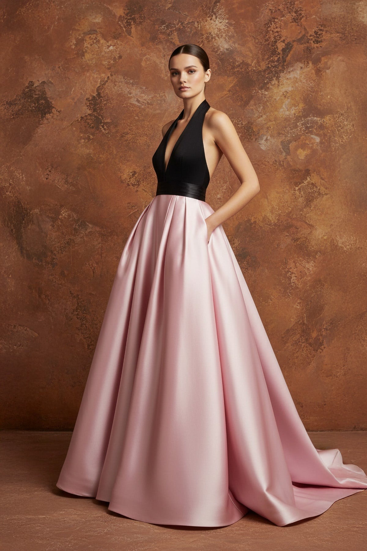 Black and Pink Halter Satin Prom Gown A-line Maxi Dress