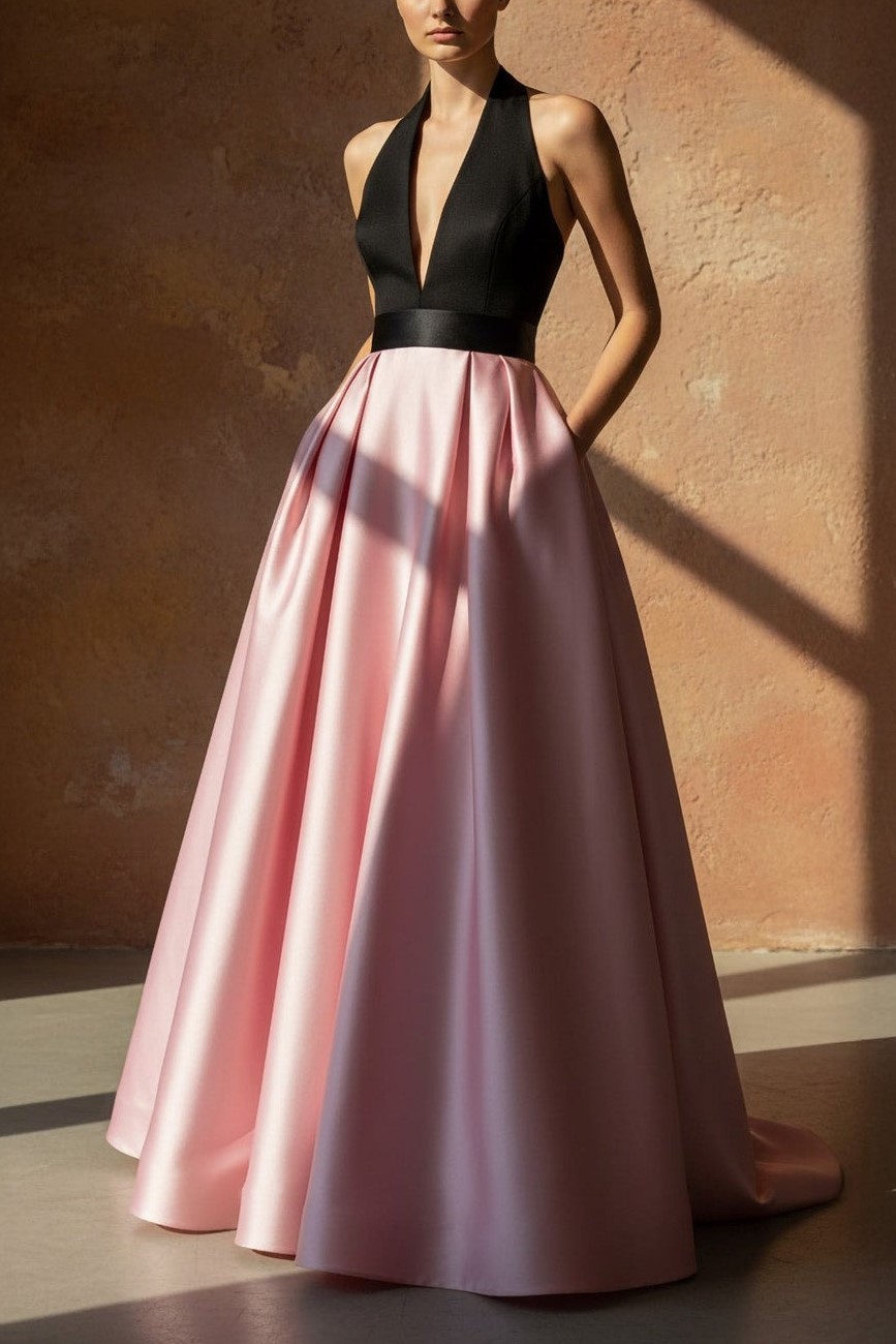 Black and Pink Halter Satin Prom Gown A-line Maxi Dress