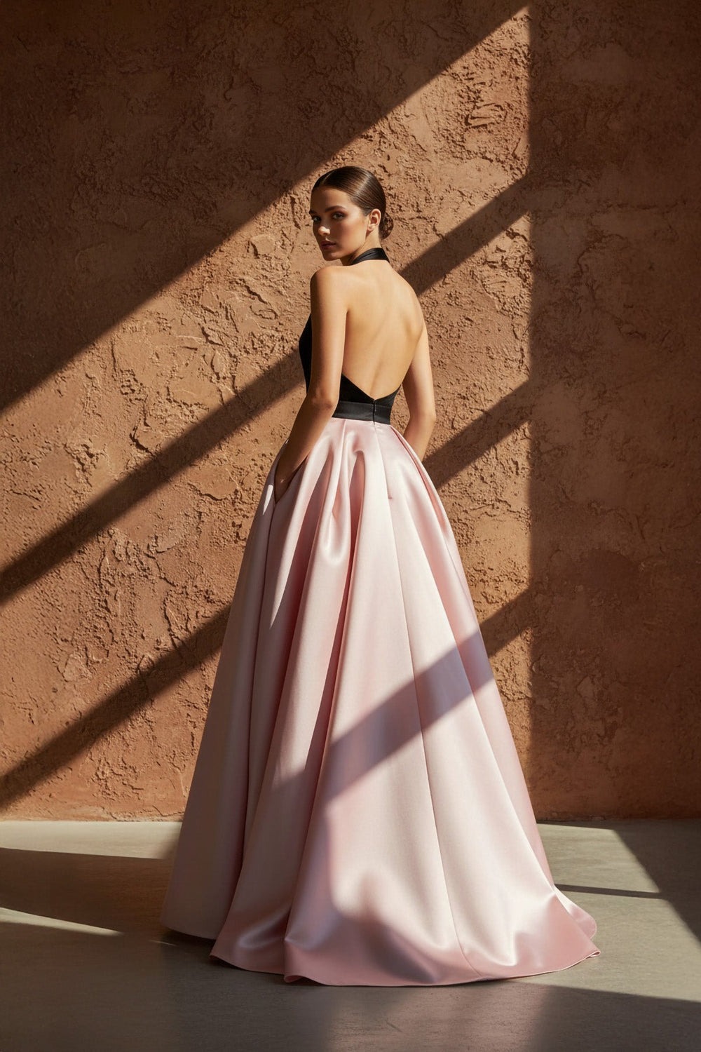 Black and Pink Halter Satin Prom Gown A-line Maxi Dress