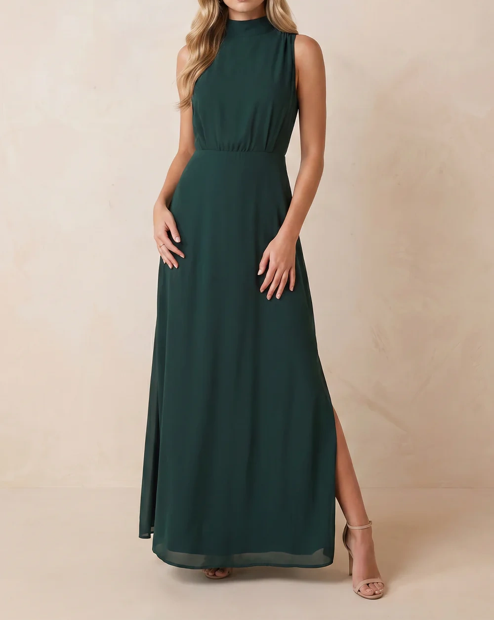 High Neck A-Line Chiffon Maxi Dresses with Slit in Dark Green