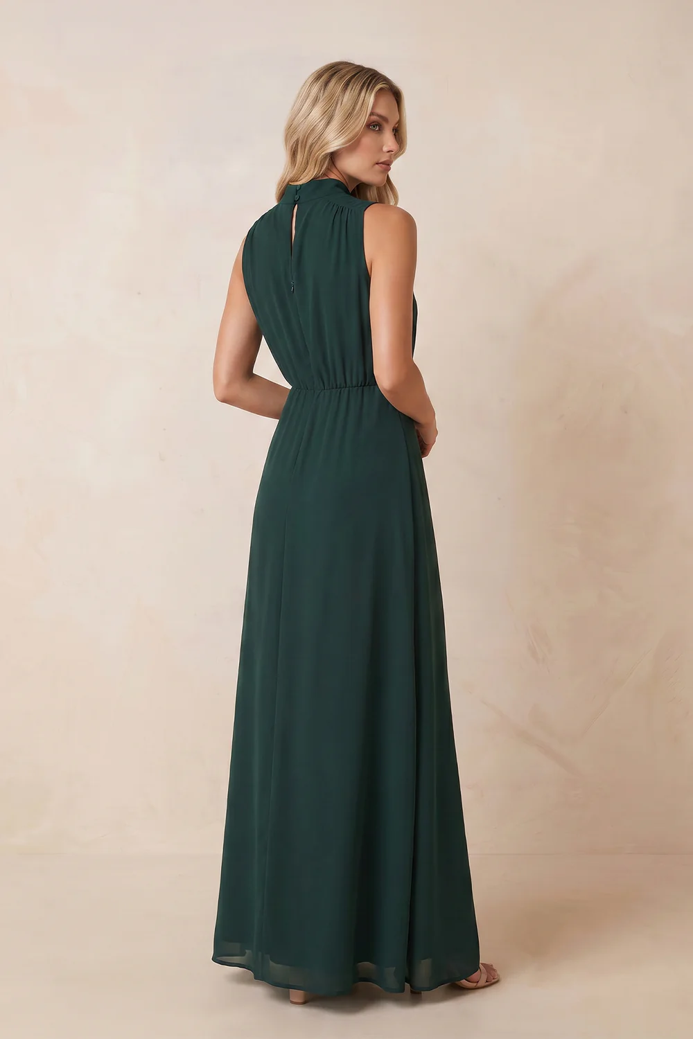 High Neck A-Line Chiffon Maxi Dresses with Slit in Dark Green
