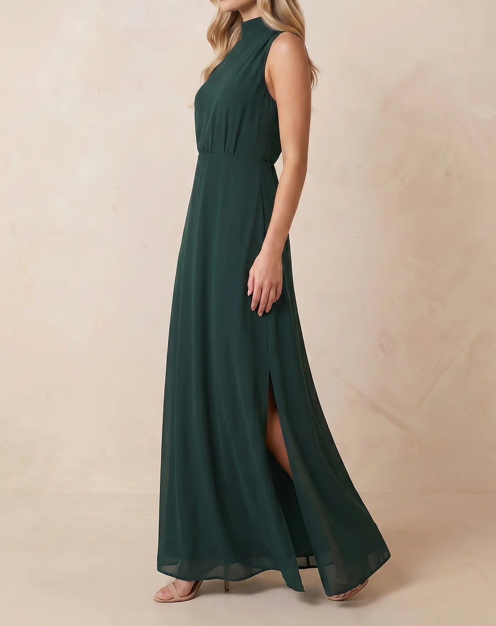 High Neck A-Line Chiffon Maxi Dresses with Slit in Dark Green
