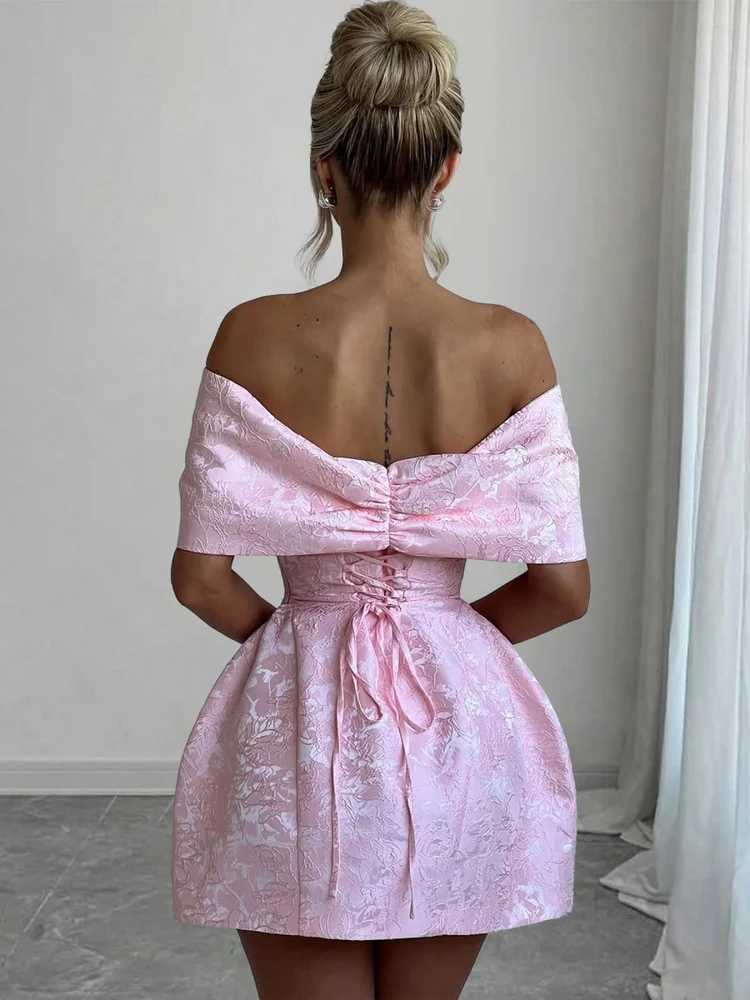 Pink Off-the-shoulder Bow Jacquard Mini Dress 