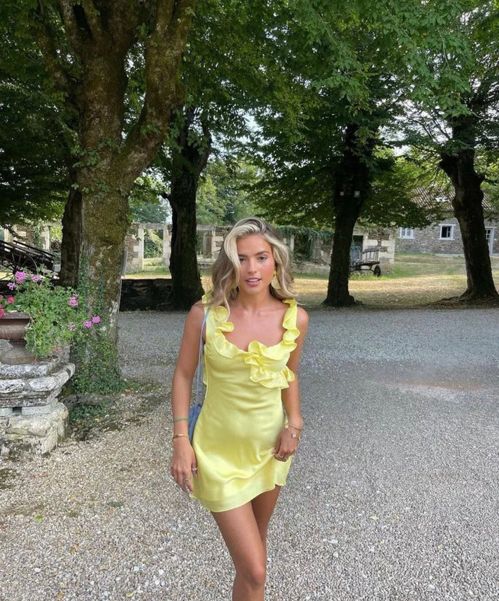 Cute Yellow Square Mermaid Short Mini Homecoming Dress