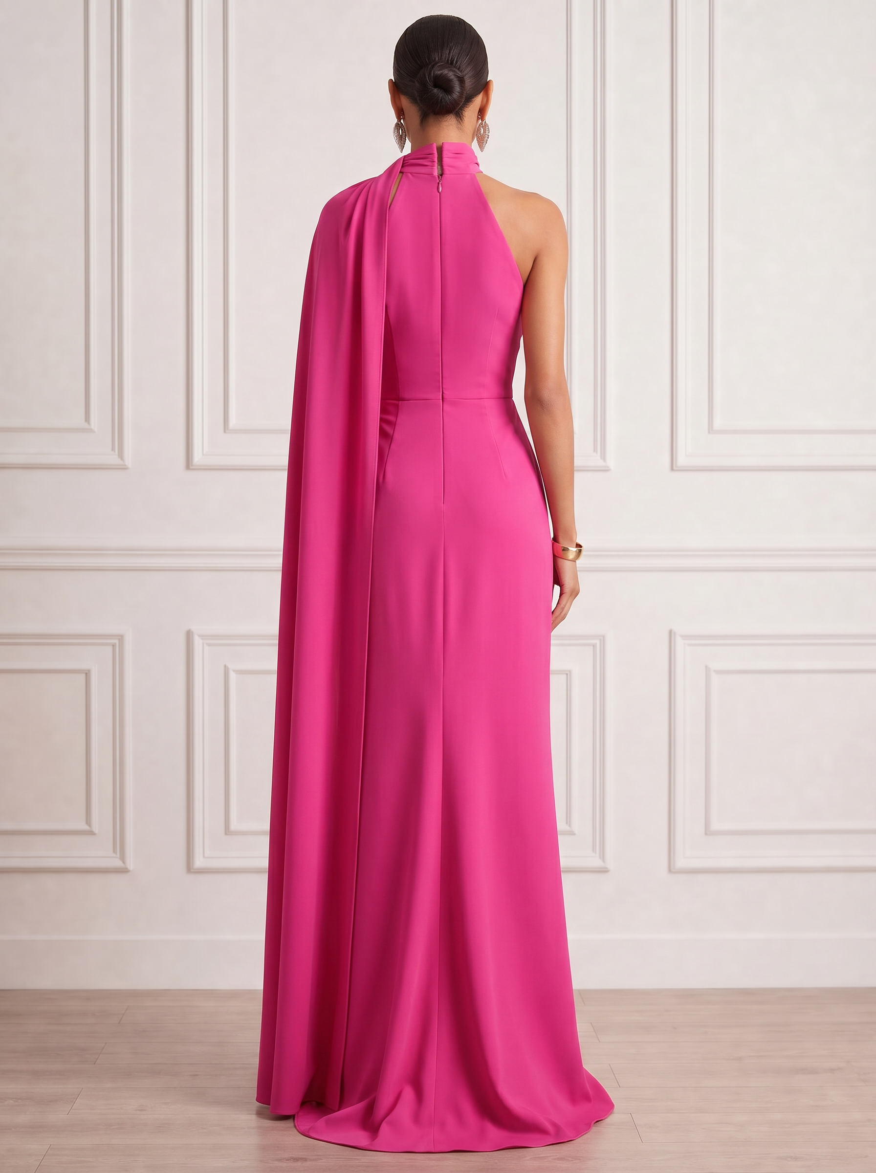 Fuchsia One Shoulder Cape Sleeve Formal Evening Gown with Slit