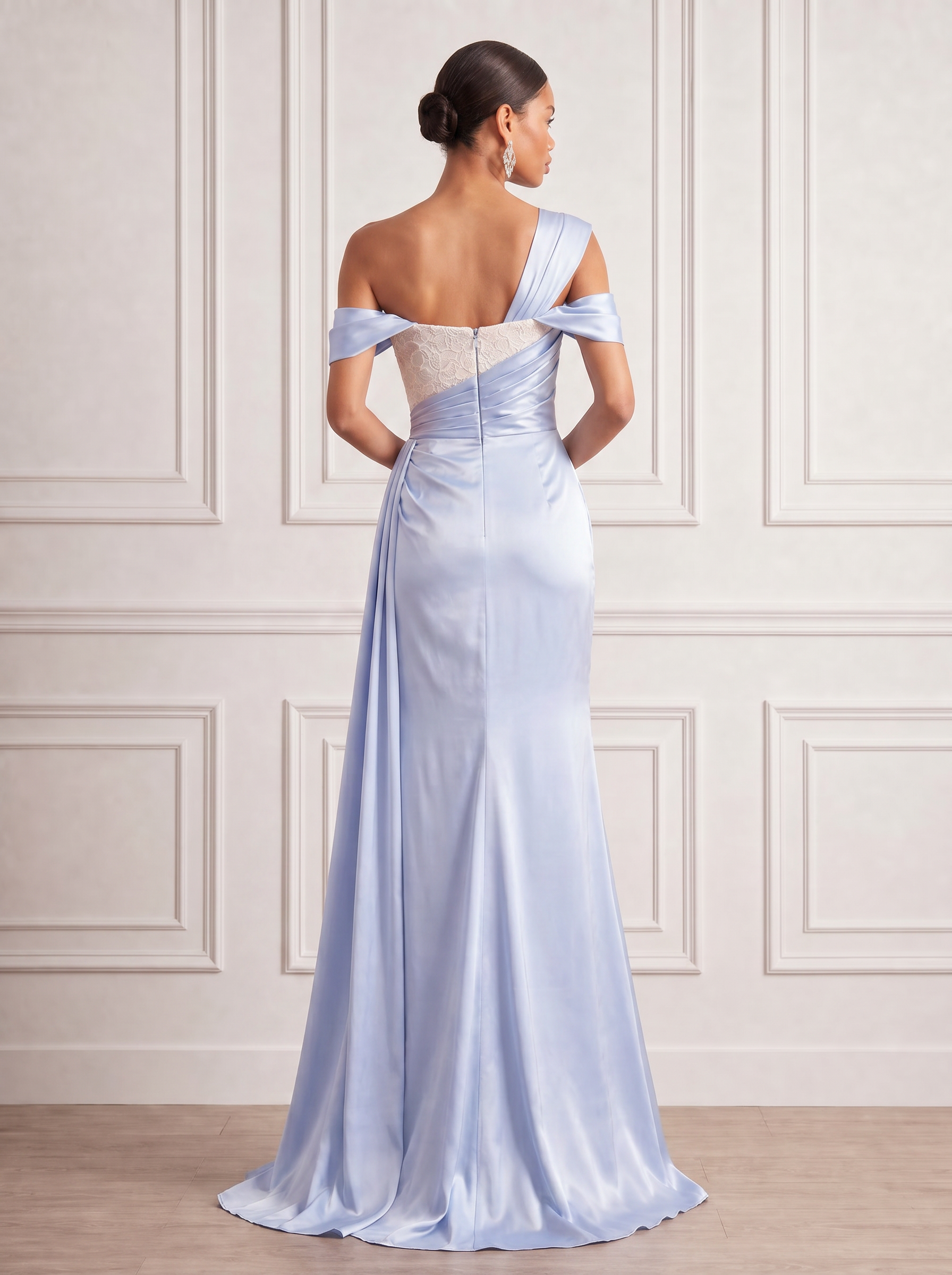 Ice Blue Off-Shoulder Satin Lace Patchwork Ruched Evening Gown