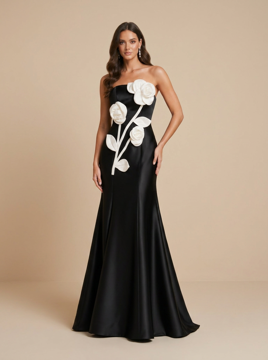 Black Satin Strapless 3D White Rose Mermaid Evening Gown