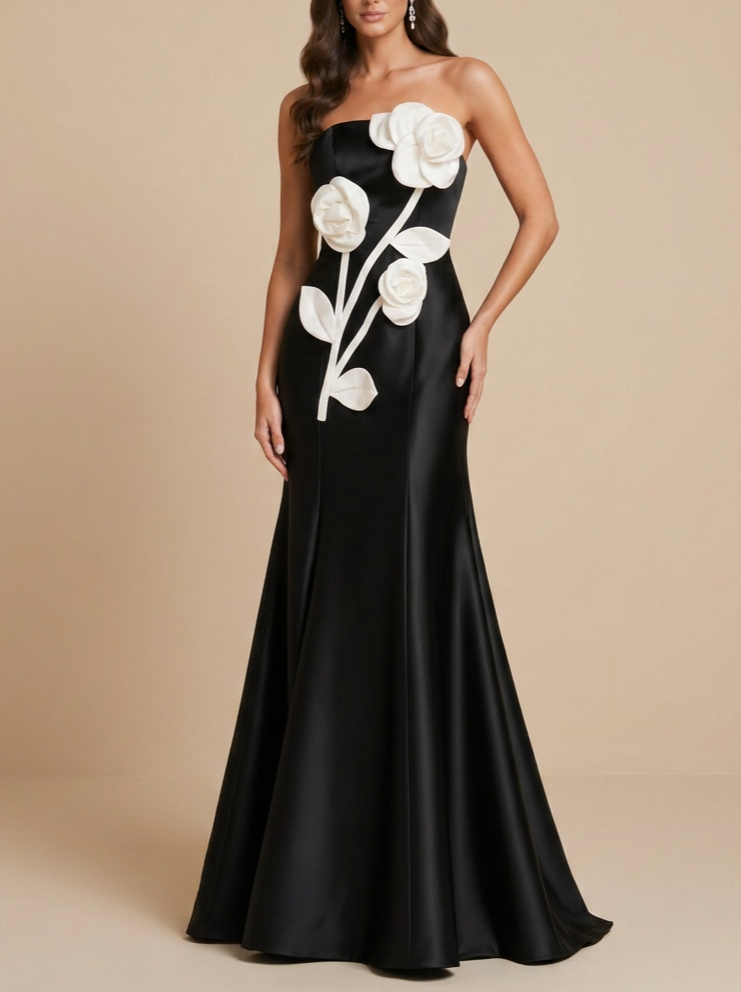 Black Satin Strapless 3D White Rose Mermaid Evening Gown