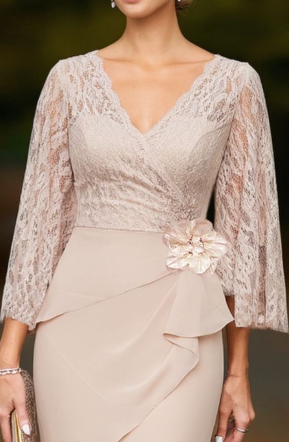 Wedding Dress Apricot V Neck Lace Maxi Mother of the Bride Dress