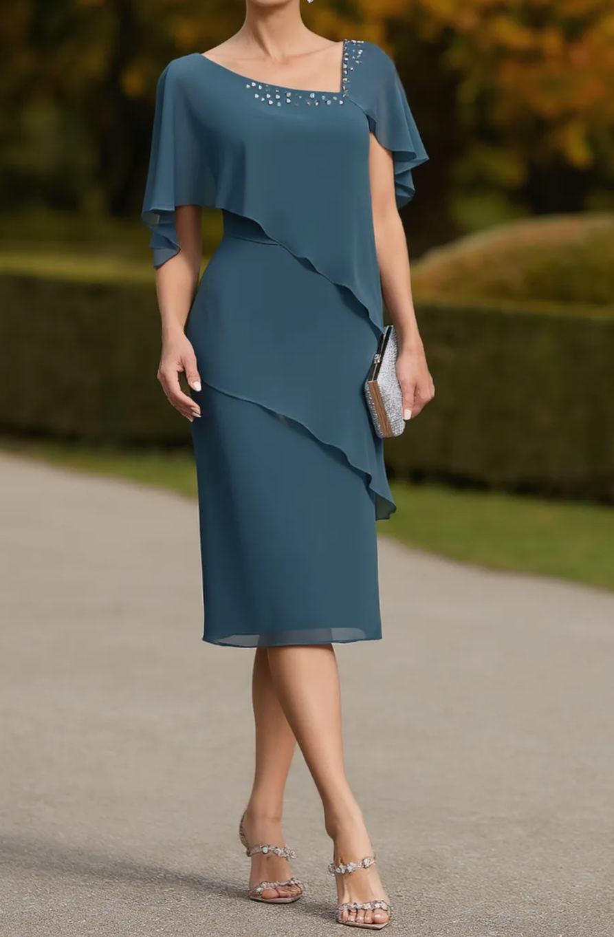 Wedding Dress Blue V Neck Layer Knee-Length Mother of the Bride Dress