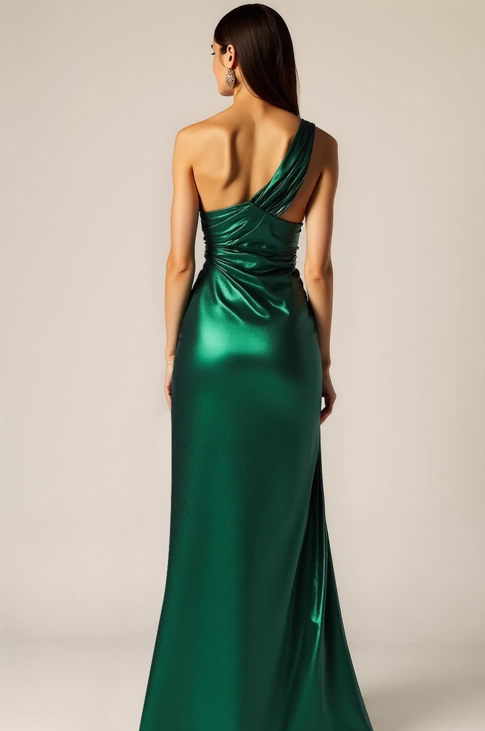 Formal Dress Emerald Green Metallic Satin One Shoulder Slit Maxi Dress