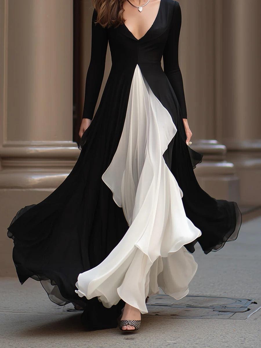 Special Color Block Long Sleeve Maxi Dress